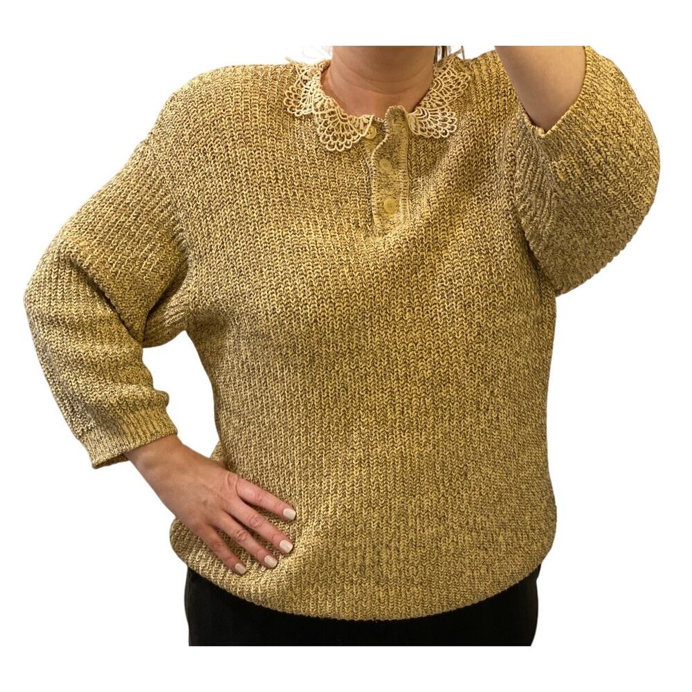 Vintage 80s Silk Slouchy Granny Knit Lace Collar Sweater Sz L Cottagecore Cotton